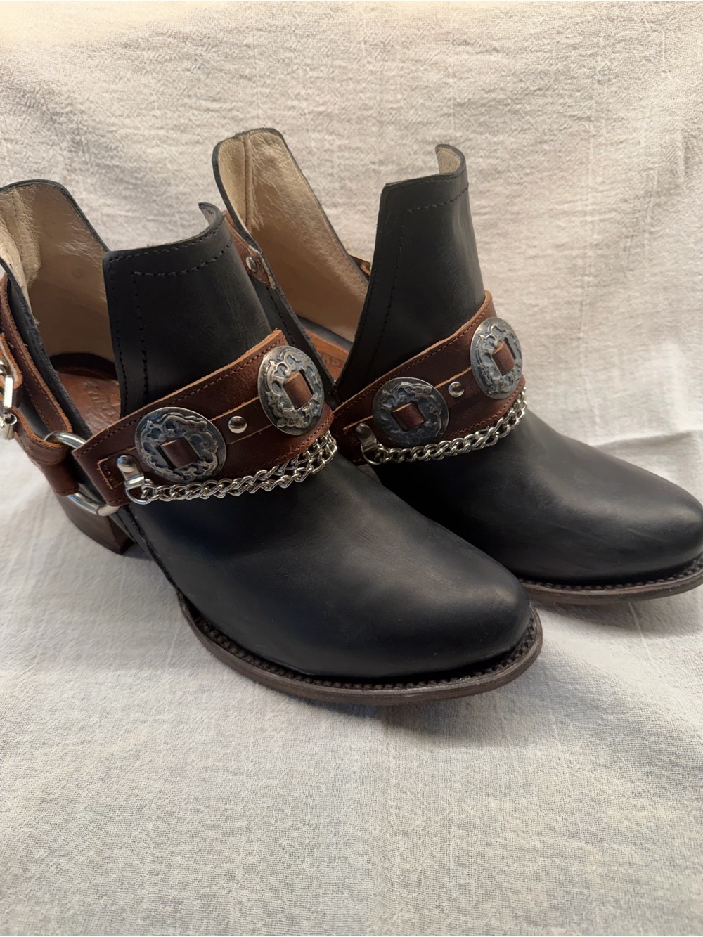 Freebird Black Leather Western Ankle Boots Mystic Bootie with silver conches